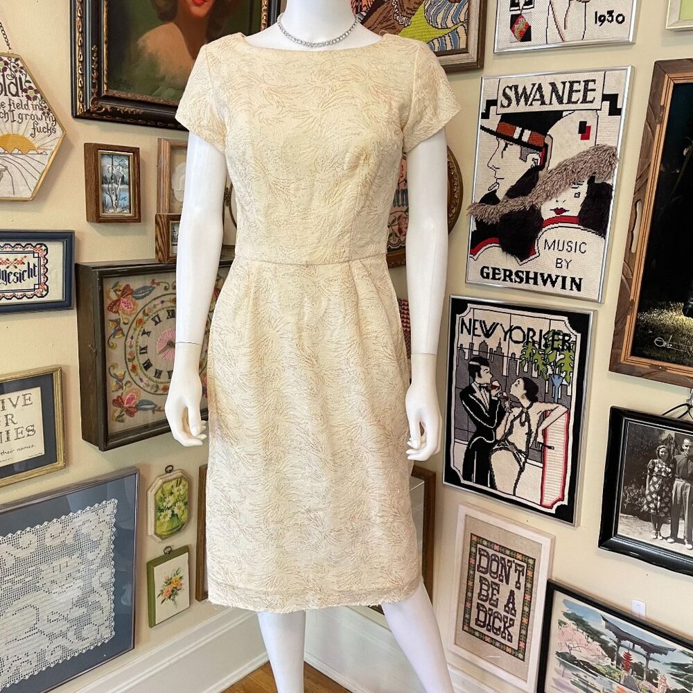50s Vintage Cream Wool Wiggle Dress with Silver & Gold Embroidery Size M